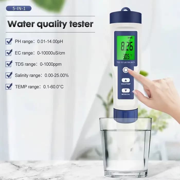 Ph-mètre numérique 5 en 1, TDS EC, testeur de température de salinité, conductimètre, filtre, pureté