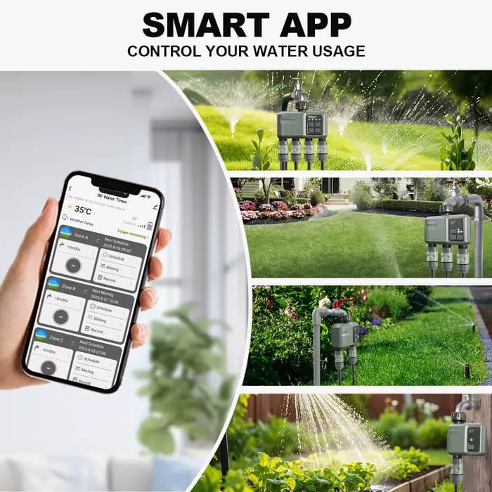 Programmateur d'arrosage sans fil 4 zones HCT-639 pour grandes surfaces, compatible Tuya App, facile