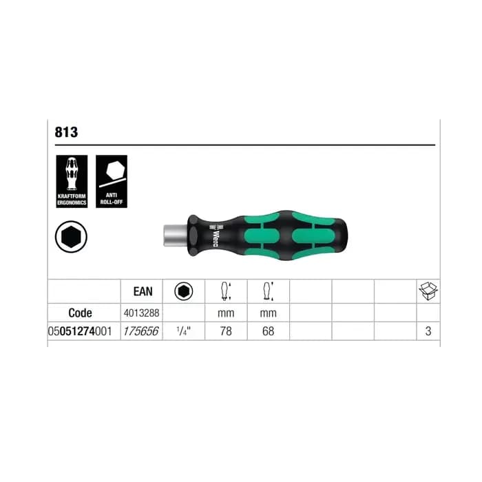 Wera 813 Bits support à main avec poignée de mandrin à dégagement rapide Anti roulement Mini tournev