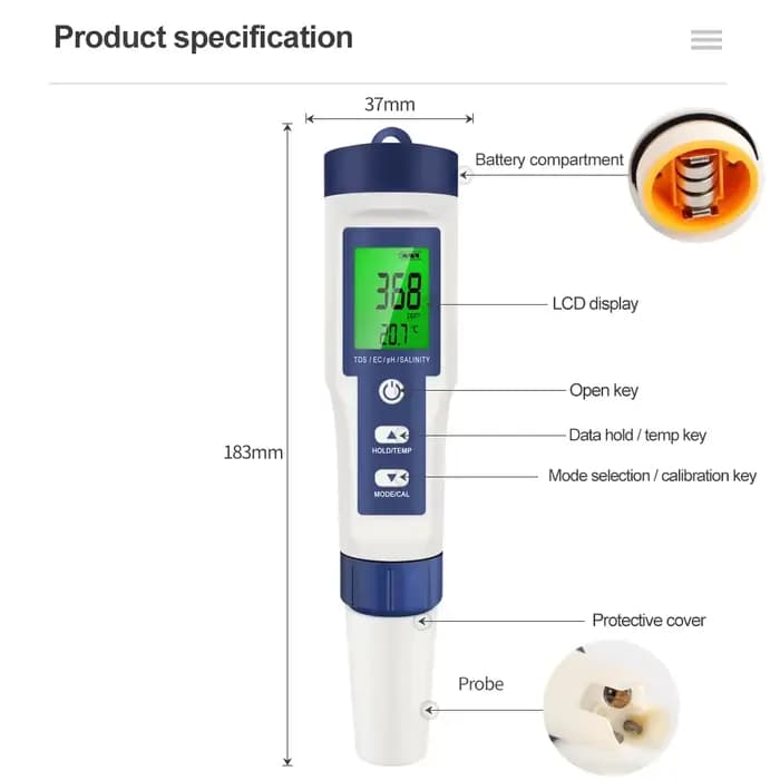 Ph-mètre numérique 5 en 1, TDS EC, testeur de température de salinité, conductimètre, filtre, pureté