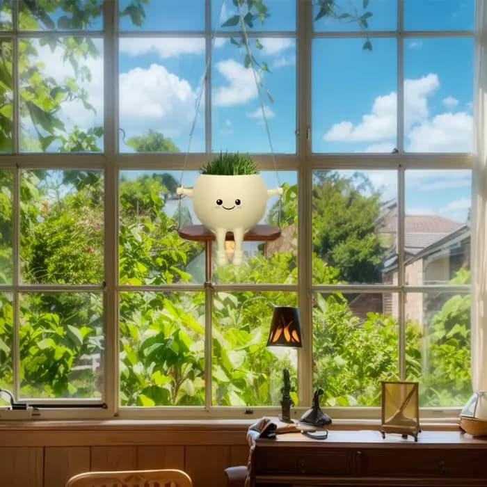 Jardinière de visage de sourire de chaise/balançoire, jardinières de tête mignonnes suspendues en ré
