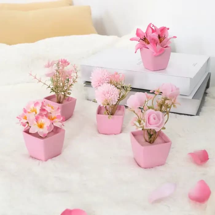5 pièces, Mini plante en pot de fleurs artificielles roses, décoration d'étagère de bureau intérieur