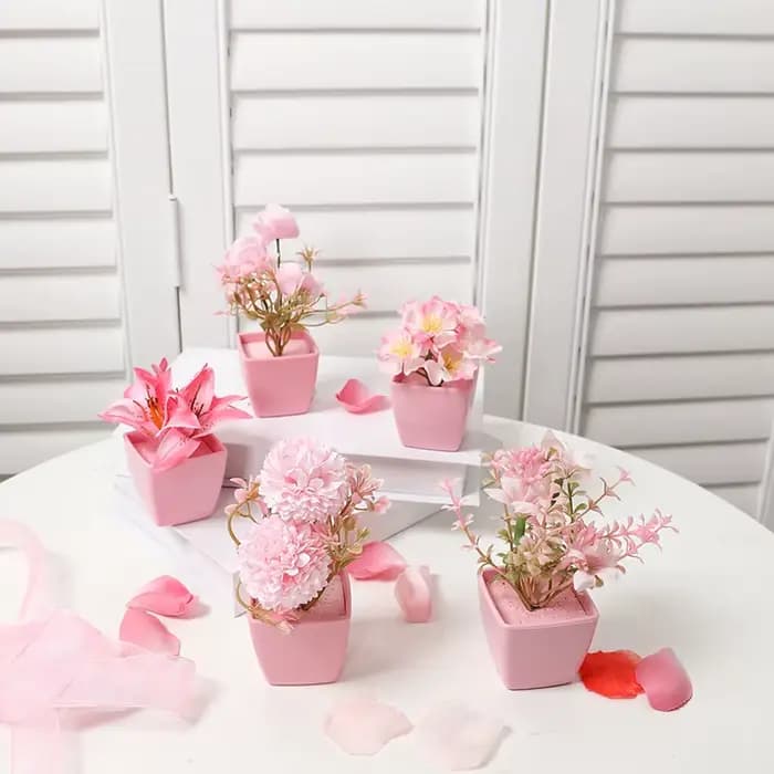 5 pièces, Mini plante en pot de fleurs artificielles roses