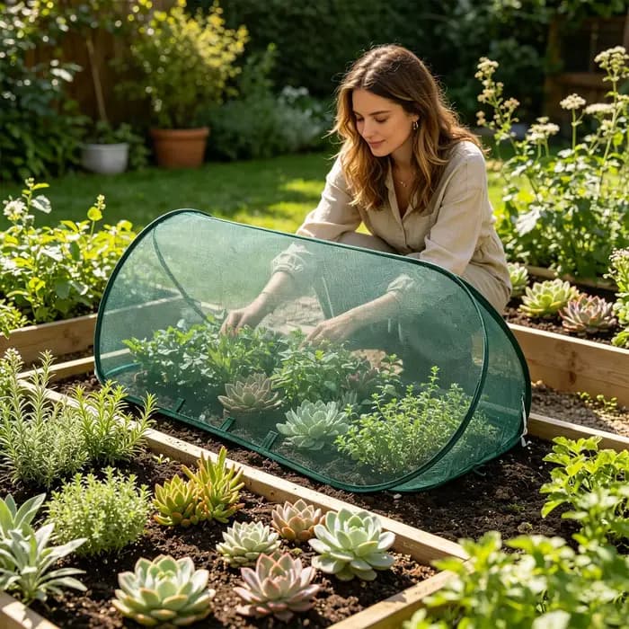 Filet de protection pop-up pour plantes de jardin avec 6 piquets de sol