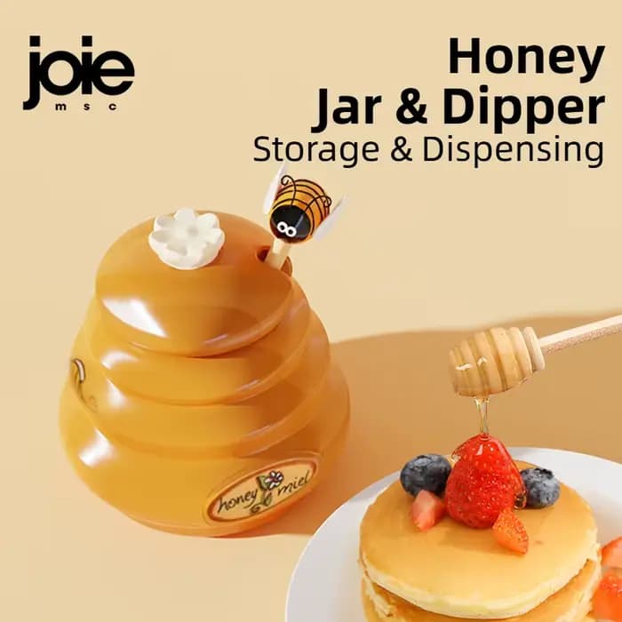 Joie – Pot à miel en céramique pour ruche et trempette en bois, avec couvercle, barre d'agitation pour pot à miel, fournitures, accessoires de cuisine