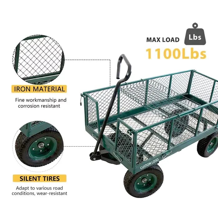 Chariot en maille d'acier robuste, chariot utilitaire de jardin avec côtés amovibles et roues de 10 "3.50-4 pouces pour cour de jardin