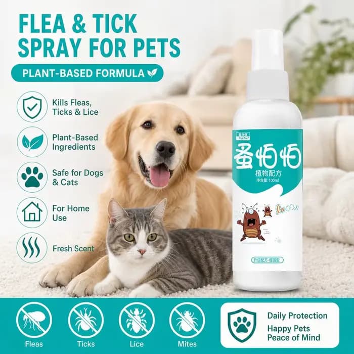 Spray anti-puces et tiques pour animaux de compagnie, 100 ml, traitement rapide et pratique pour chiens et chats, pour l'intérieur et l'extérieur, fournitures pour animaux de compagnie