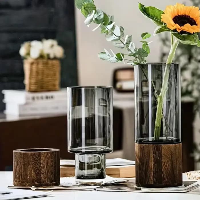Vase en verre élégant avec base en bois pour plantes hydroponiques