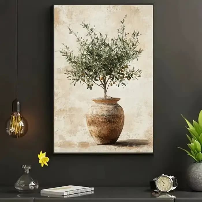 Toile d'olivier chic dans un vase – Décoration murale imperméable sans cadre pour salon