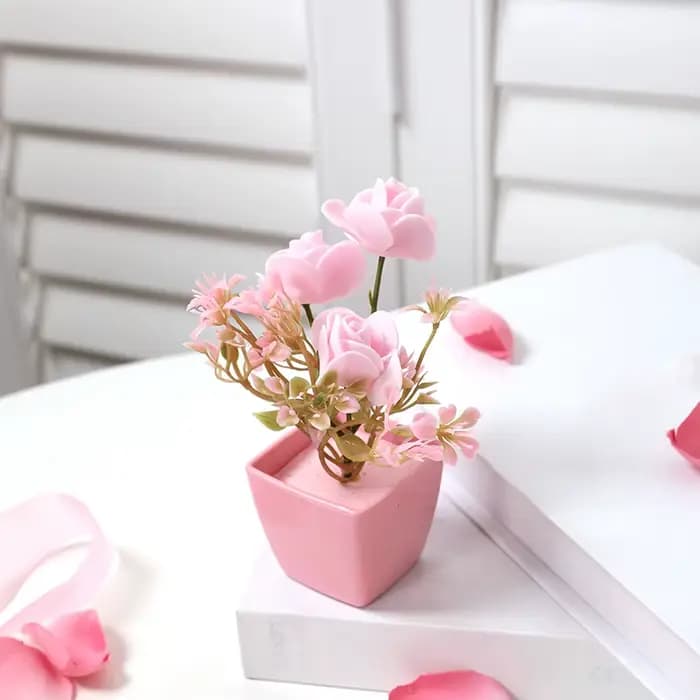 5 pièces, Mini plante en pot de fleurs artificielles roses