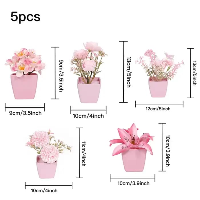 5 pièces, Mini plante en pot de fleurs artificielles roses