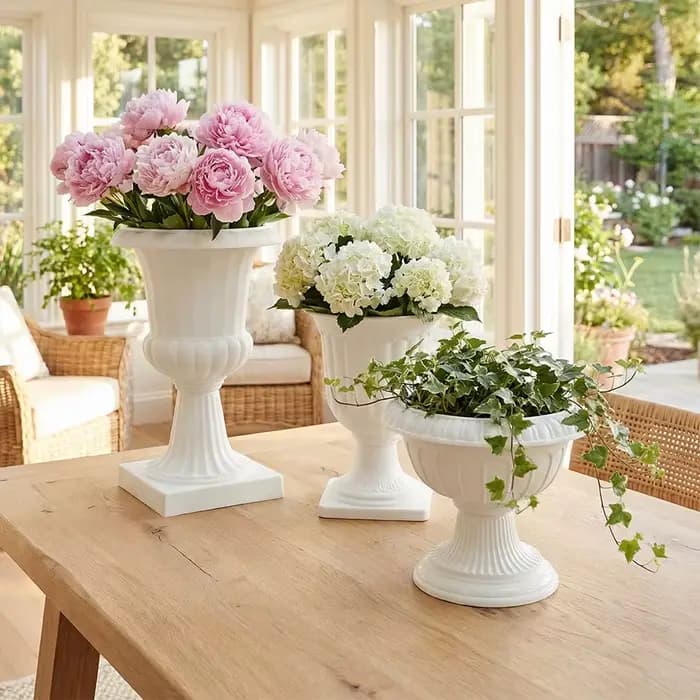 Pot de fleurs en plastique blanc de style urne romaine