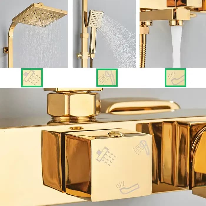 Robinets de douche en laiton, mélangeur de douche de salle de bains, grue, robinet de Bidet, ensemble de douche à pluie, pulvérisation de douche avec étagère, or
