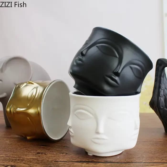 Ornement de visage humain Pot de fleurs en céramique
