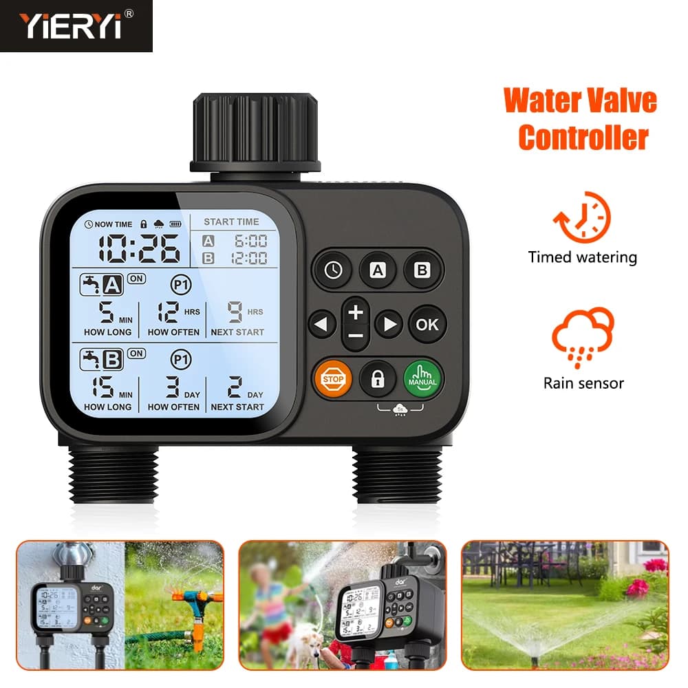 Minuterie d'irrigation intelligente à 2 sorties, avec écran LCD rétroéclairé, capteur de pluie pour 
