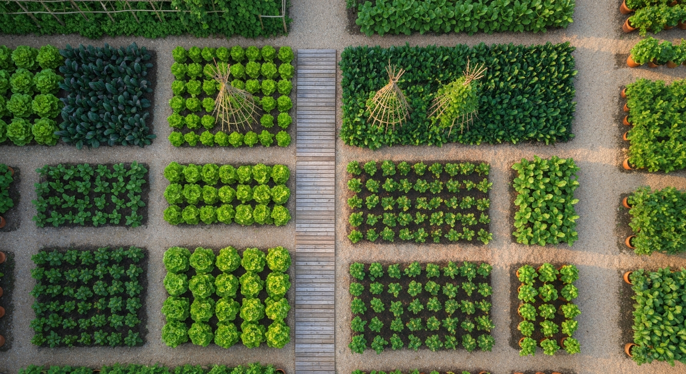 Vue zénithale d'un potager français découpé en parcelles asymétriques.