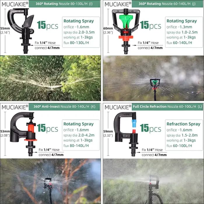 MUCIAKIE 24 types de buses d'arrosage de jardin avec Joint barbelé 1/4 ''90 180 360 tête de pulvéris