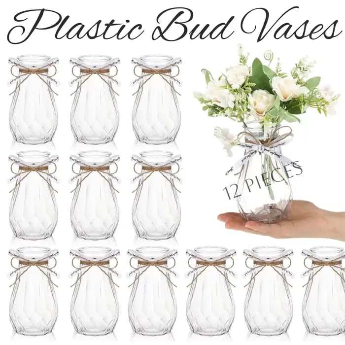 Vases à bourgeons en plastique en vrac, 12 pièces, avec ruban d'emballage de cadeaux, petits Vases p