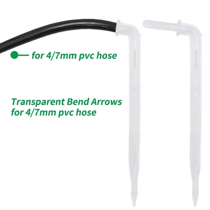 Goutteur de tuyau à courbure transparente, 25x flèche 1/4 en effet, 4/7mm, émetteur de goutte à gout