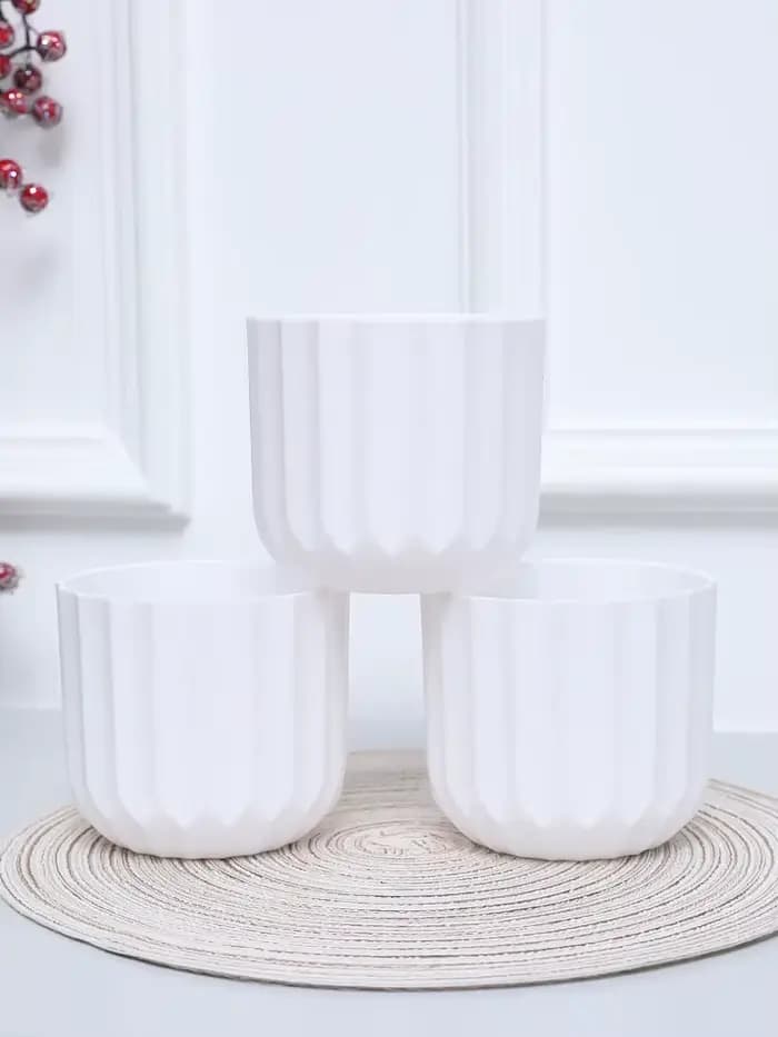 Pot de Fleurs Rond à Rayures Verticales, Blanc Clair Bergame, Convient pour Salon, délégations, Avan