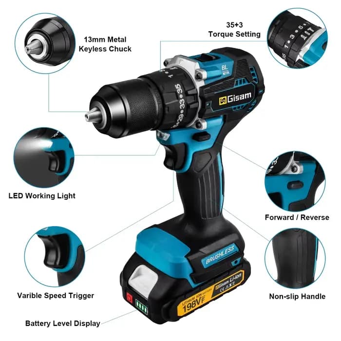 Perceuse à percussion électrique sans fil Gisam 13 mm 35+3 Torque Brushless, visseuse électrique, ou