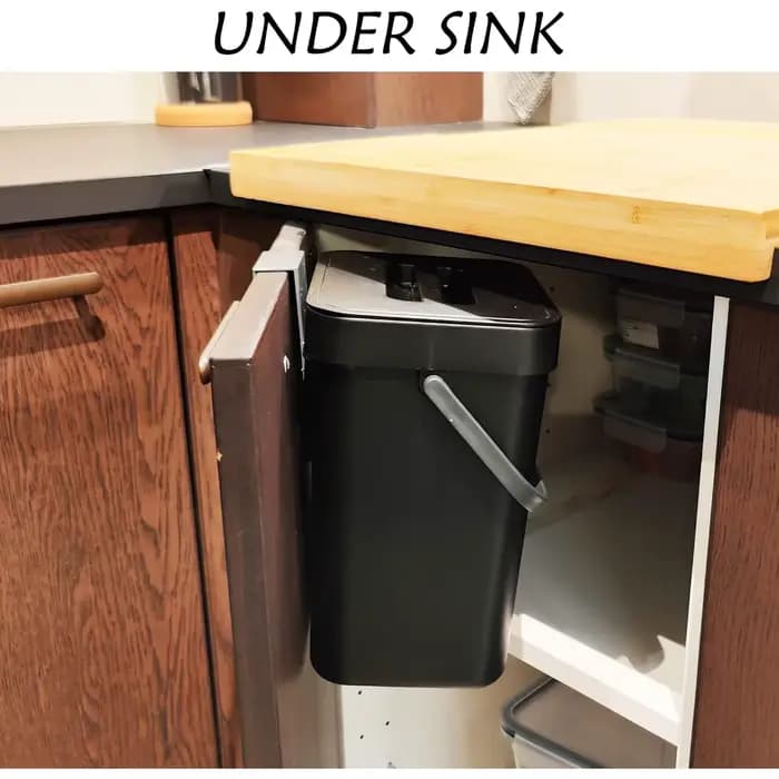 Poubelle à compost pour plan de travail de cuisine, poubelle suspendue avec couvercle, adaptée à la cuisine et à la salle de bain, possibilité d'installer un seau à compost, noir