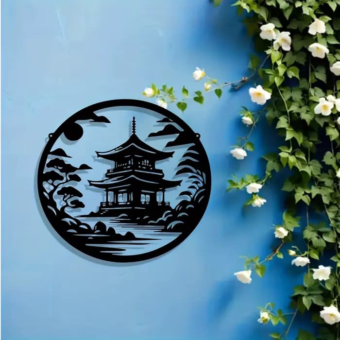 Sculpture murale en métal de style pagode japonaise pour jardin zen