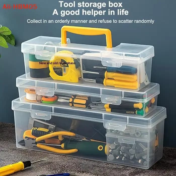 Boîte à outils transparente portable (HB05) grande capacité, en plastique épais, avec poignée, pour le rangement d'outils et de matériel.
