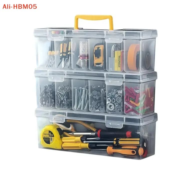 Boîte à outils transparente portable (HB05) grande capacité, en plastique épais, avec poignée, pour le rangement d'outils et de matériel.