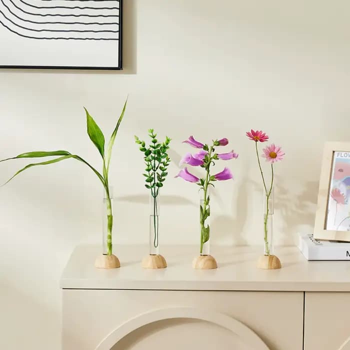 Vase Hydroponique Transparent avec Base en Bambou
