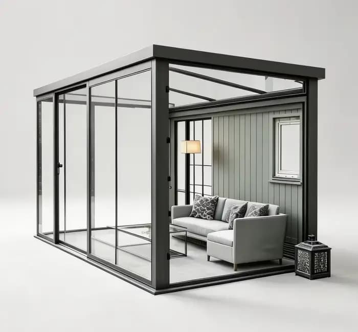 Véranda moderne en aluminium coupe-vent avec verre entièrement isolé thermiquement, cabane de jardin extérieure résistante aux intempéries