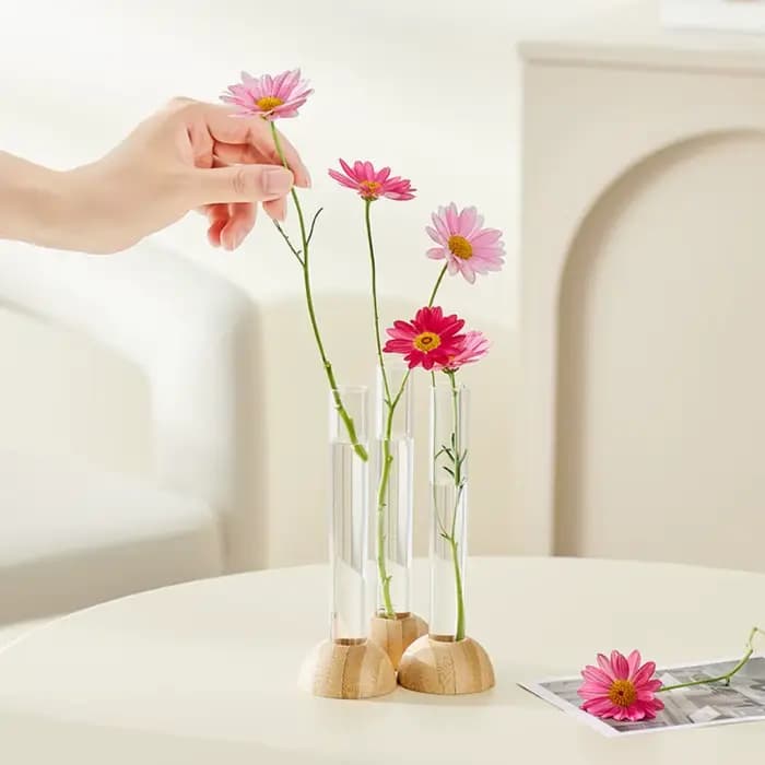 Vase Hydroponique Transparent avec Base en Bambou