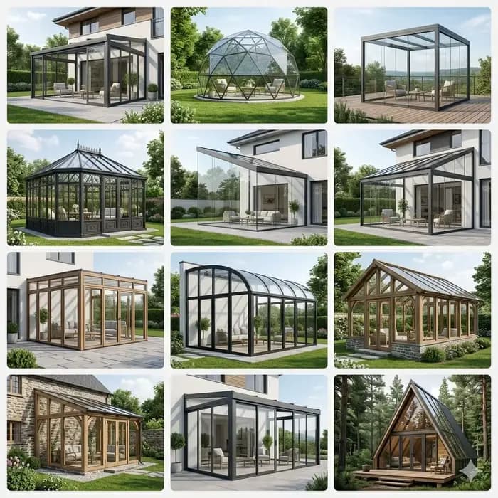 Véranda moderne en aluminium coupe-vent avec verre entièrement isolé thermiquement, cabane de jardin extérieure résistante aux intempéries