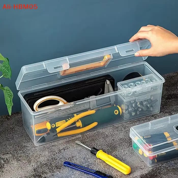 Boîte à outils transparente portable (HB05) grande capacité, en plastique épais, avec poignée, pour le rangement d'outils et de matériel.