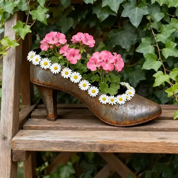 Pot de fleurs ovale lumineux en forme de chaussures à talons hauts rouillées