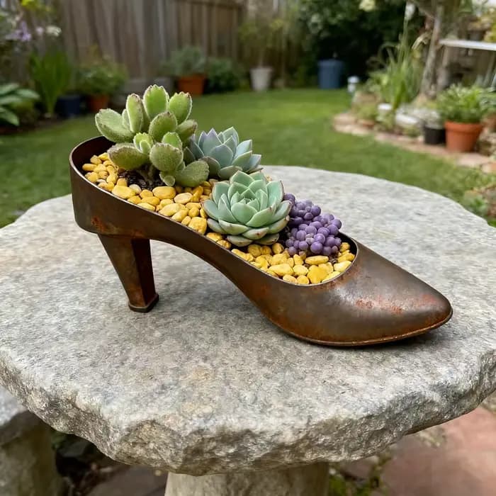 Pot de fleurs ovale lumineux en forme de chaussures à talons hauts rouillées