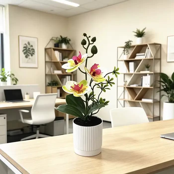 Pot en terre cuite noir avec trois orchidées papillon tactiles