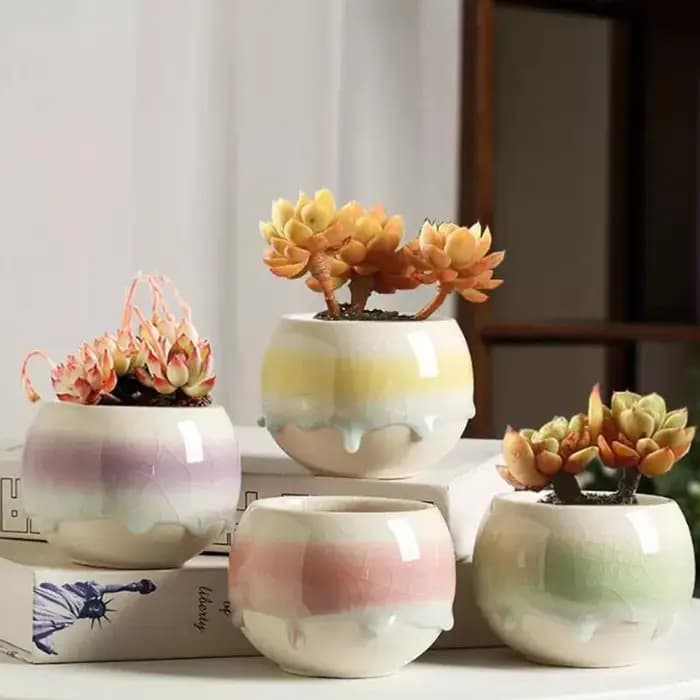 Pot de fleurs en céramique dégradé effet glaçon craquelé pour plantes succulentes, avec glaçure fluide, respirant, pour la décoration de la maison et du jardin