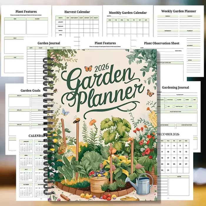 1 carnet à spirale, agenda de jardinage 2026 sur le thème du jardin potager, pour la planification des jardinières extérieures et des récoltes
