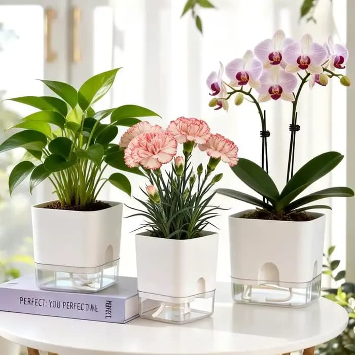Pot de fleurs auto-arrosant blanc carré à double couche pour plantes d'intérieur et d'extérieur