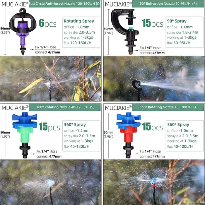 MUCIAKIE 24 types de buses d'arrosage de jardin avec Joint barbelé 1/4 ''90 180 360 tête de pulvéris