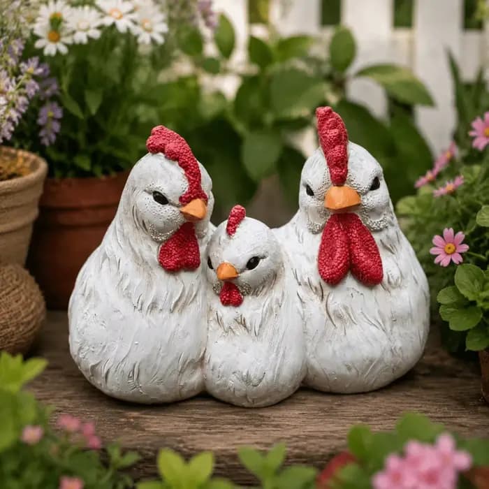 Décoration de jardin en résine : Famille de poulets amusants