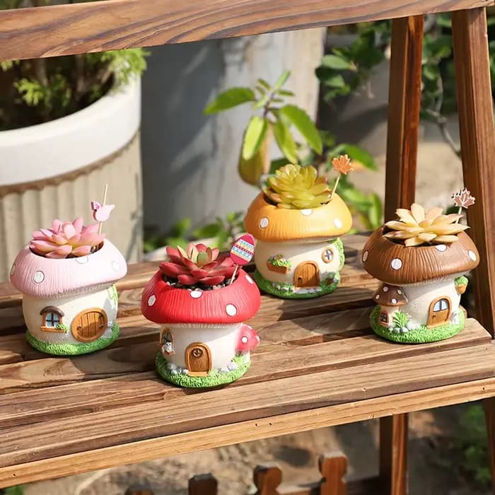 Pot de fleurs créatif style champêtre maison champignon de conte de fées, pour plantes succulentes de bureau, conteneur de plantation en pot, pot de jardinage