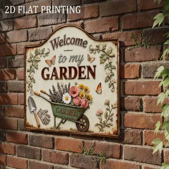 1 plaque en bois « Bienvenue dans mon jardin » – Décoration murale rustique avec motifs floraux colorés et outils de