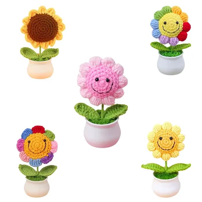 1 pièce fleurs artificielles créatives mignon Crochet tournesol Pots tricoté fleur Graduation