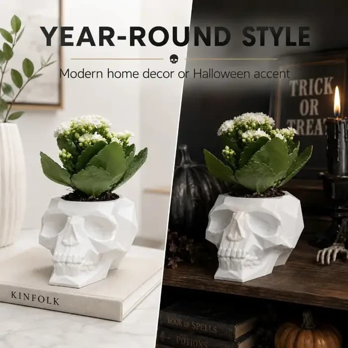 Pot de fleurs en forme de crâne, pot de fleurs gothique en polygone bas pour plantes succulentes, décoration intérieure pour étagère de bureau, cadeau de décoration pour Halloween.
