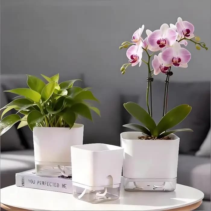 Pot de fleurs auto-arrosant blanc carré à double couche pour plantes d'intérieur et d'extérieur