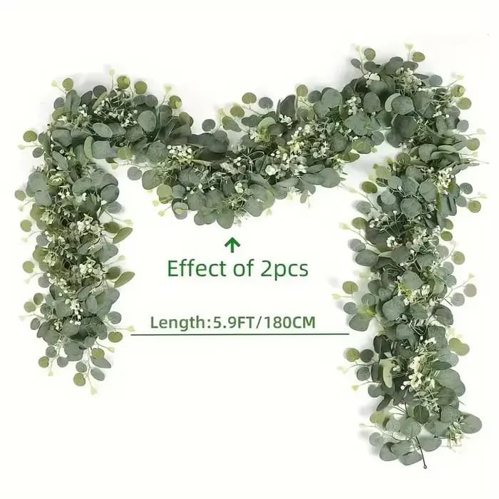 Guirlande d'eucalyptus simili exuberante de 70,8 pouces avec fleurs blanches – Parfaite pour la décoration de la maison et des vacances, tenture murale, cour et accents de fête