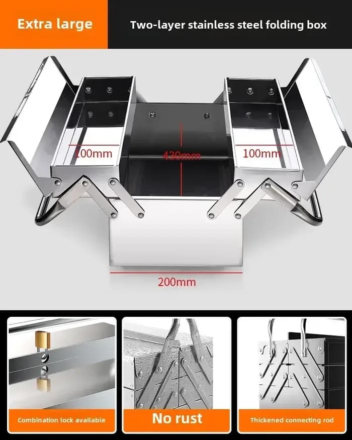 Boîte à outils en acier inoxydable pour usage industriel et domestique avec conception pliable et espace de rangement à 3 couches AJ