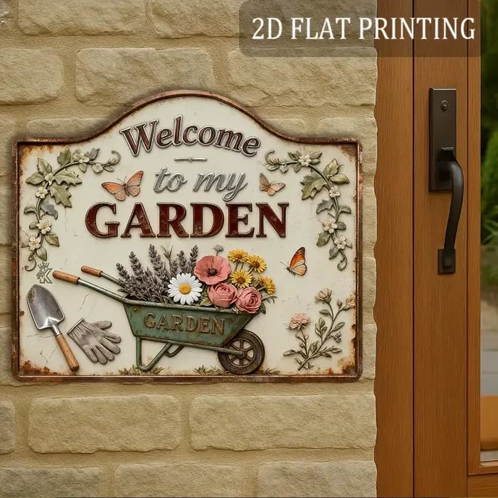 1 plaque en bois « Bienvenue dans mon jardin » – Décoration murale rustique avec motifs floraux colorés et outils de